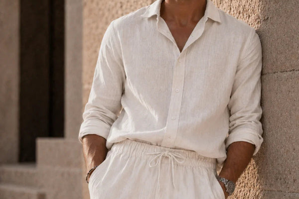ATHAR linen shirt styled in Cairo summer light | قميص كتان أثر في ضوء صيف القاهرة