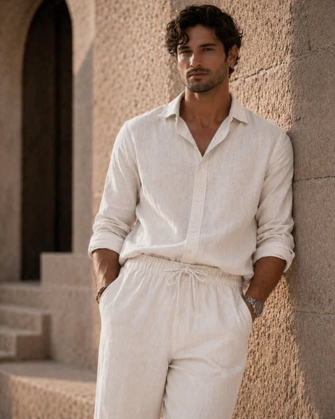 ATHAR linen shirt styled in Cairo summer light | قميص كتان أثر في ضوء صيف القاهرة