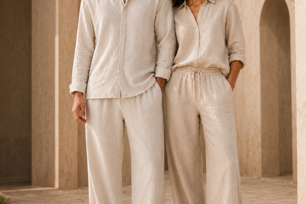 Couple wearing ATHAR Linen Relaxed Fit shirts in offwhite and beige, Cairo heritage archway