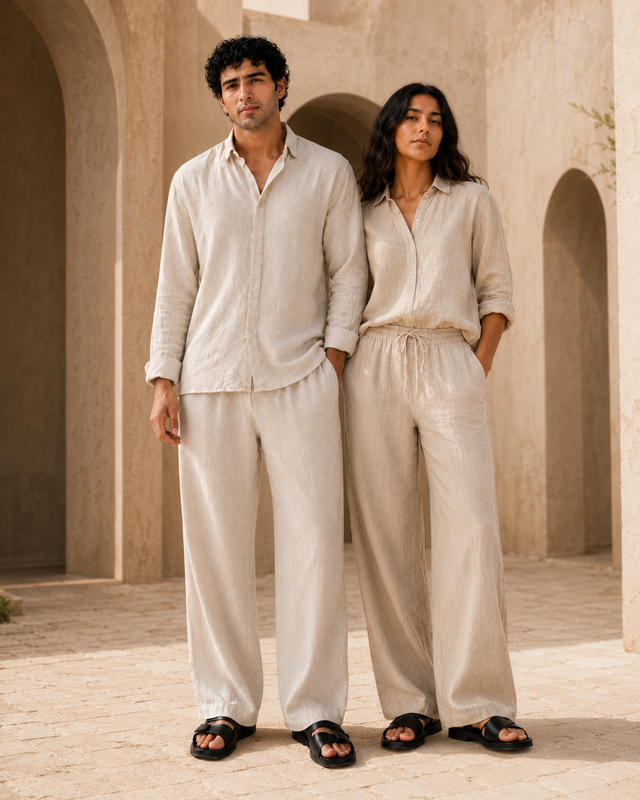 Couple wearing ATHAR Linen Relaxed Fit shirts in offwhite and beige, Cairo heritage archway