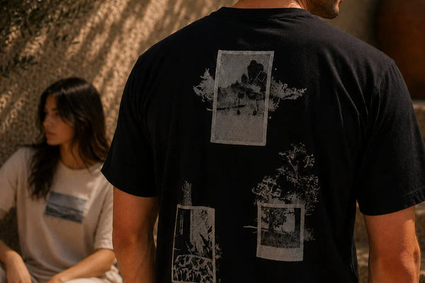 QADIM Naqsh graphic tee, editorial lifestyle photo in black and beige