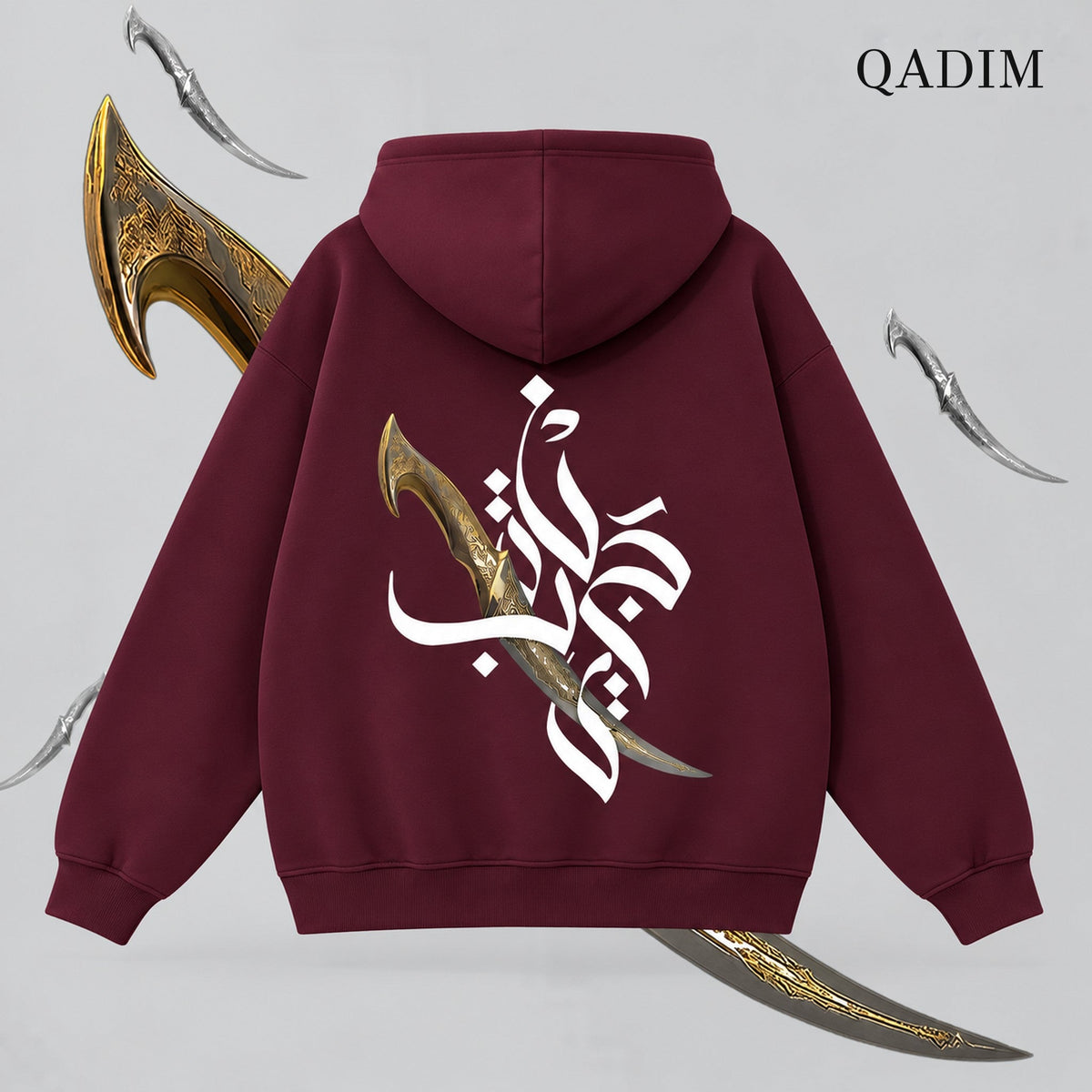 QADIM Jambiya relaxed hoodie in burgundy, dagger calligraphy back print | هودي جنبية ريلاكس نبيتي من ورا