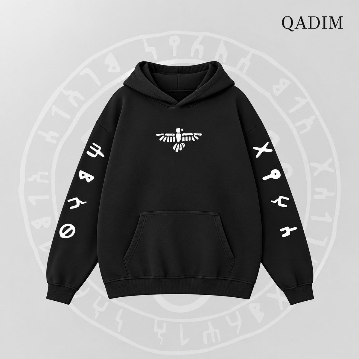 QADIM 7 Eagles relaxed hoodie in black, front emblem | هودي ٧ نسور ريلاكس أسود من قدّام