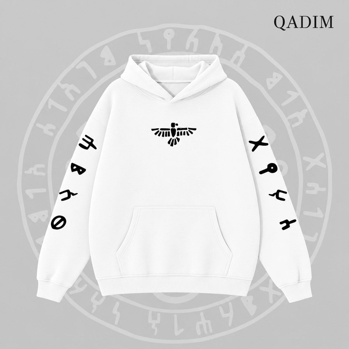 QADIM 7 Eagles relaxed hoodie in white, front emblem | هودي ٧ نسور ريلاكس أبيض من قدّام