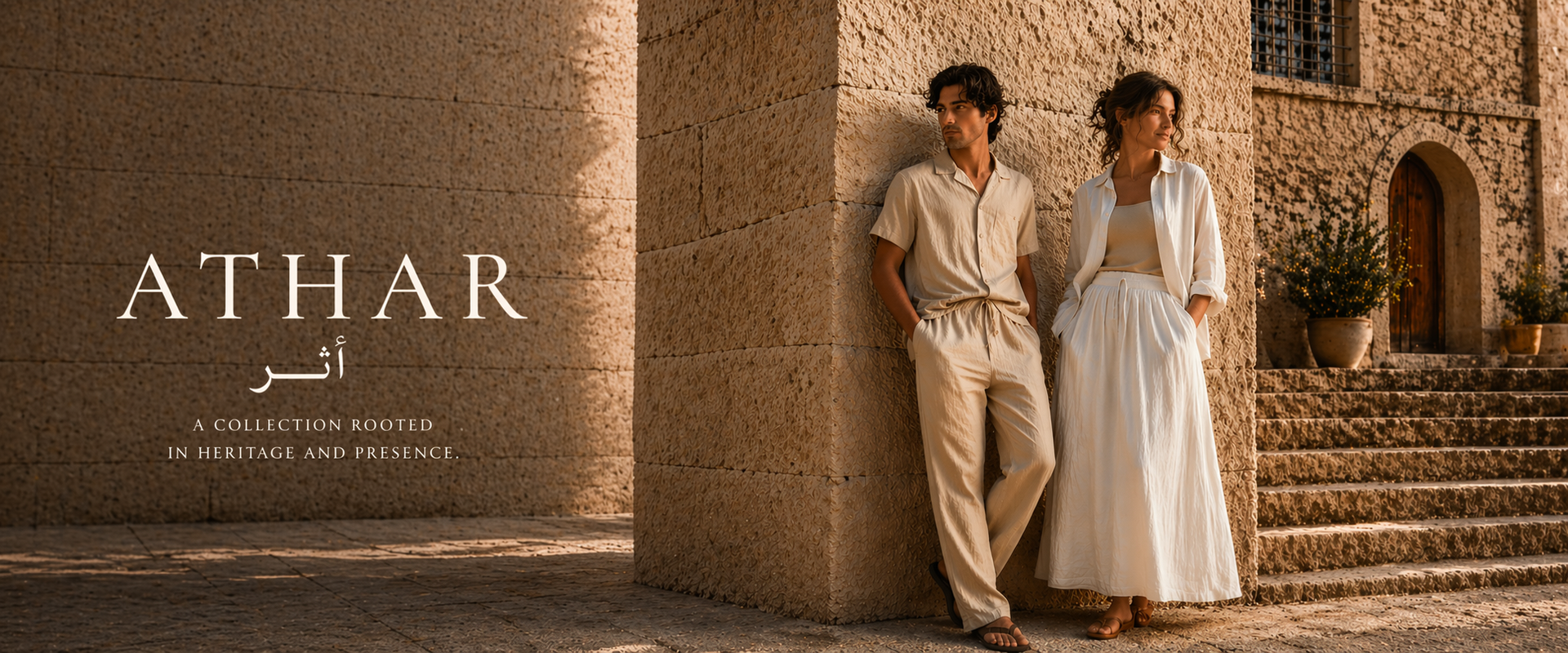  Two people leaning against a stone wall with 'ATHAR' branding.