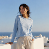 QADIM washed baby blue long sleeve tee, rooftop sea view, relaxed drape