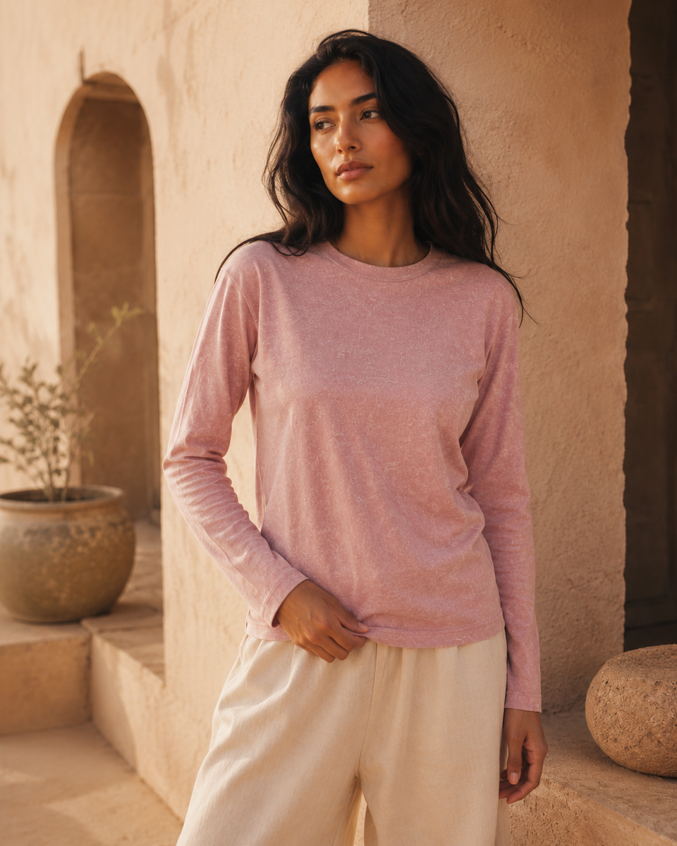 QADIM washed pink long sleeve tee front view, relaxed fit
