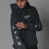 QADIM 7 Eagles washed hoodie in black, eagle seal back print and sleeve symbols, in motion | هودي ٧ نسور مغسول أسود في فيديو