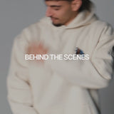 QADIM Safar relaxed hoodie in beige, horse back print and front, in motion | هودي سفر ريلاكس بيج في فيديو