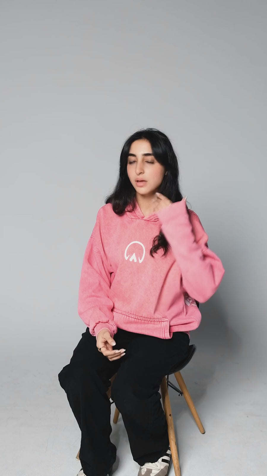 QADIM Asil washed hoodie in rose, front emblem, in motion | هودي أصيل مغسول روز في فيديو