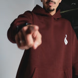 QADIM Sahm relaxed hoodie in burgundy, front and arrow back print, in motion | هودي سهم ريلاكس نبيتي في فيديو