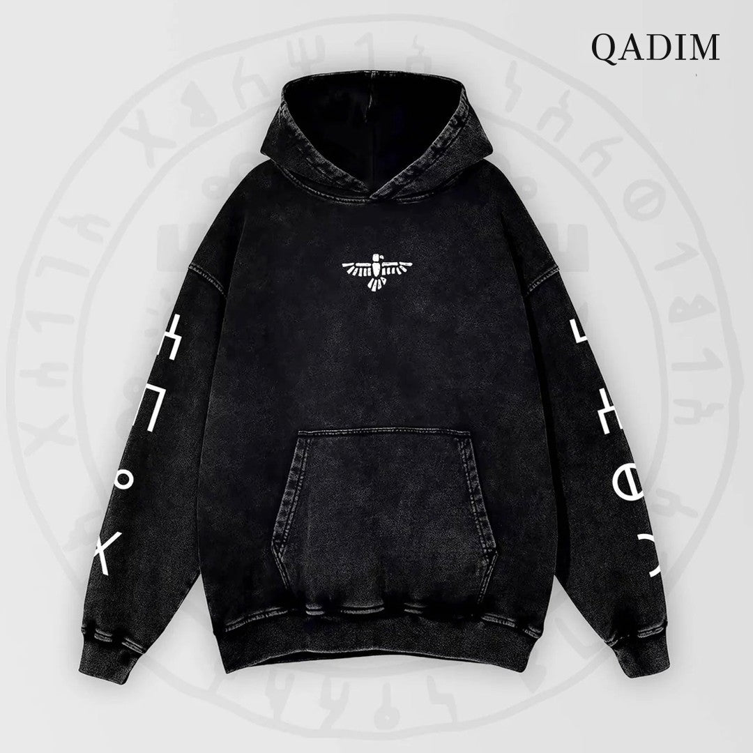 QADIM 7 Eagles washed hoodie in black, front emblem and sleeve symbols | هودي ٧ نسور مغسول أسود من قدّام