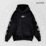 QADIM 7 Eagles washed hoodie in black, front emblem and sleeve symbols | هودي ٧ نسور مغسول أسود من قدّام