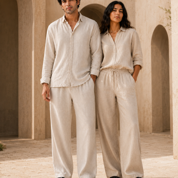 Couple wearing ATHAR Linen Relaxed Fit shirts in offwhite and beige, Cairo heritage archway | زوجان يرتديان قميص أثر الكتان الفضفاض بلوني أوف وايت وبيج أمام قوس أثري في القاهرة