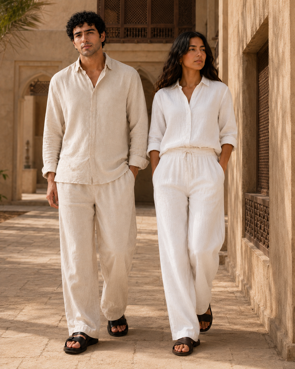 Couple walking in ATHAR Linen Relaxed Fit linen sets, Cairo heritage archway