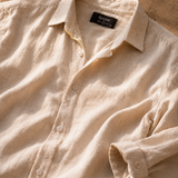 QADIM brand label on ATHAR Linen Relaxed Fit shirt fabric | تيكيت قديم على قماش قميص أثر الكتان الفضفاض