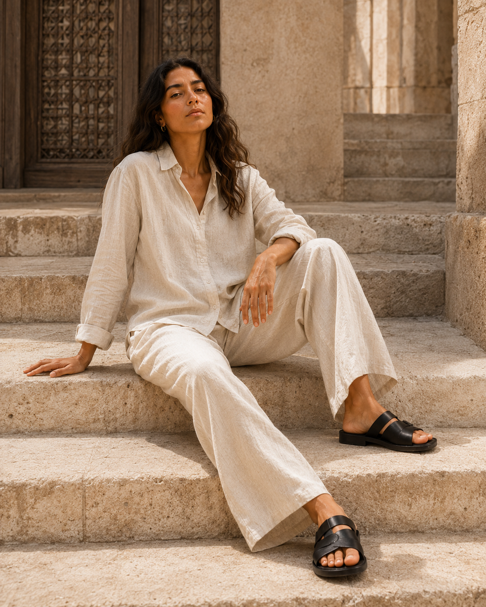 Woman in ATHAR Linen Relaxed Fit Off White shirt sitting on heritage stone steps | امرأة بقميص أثر الكتان الفضفاض أوف وايت جالسة على سلم حجري أثري