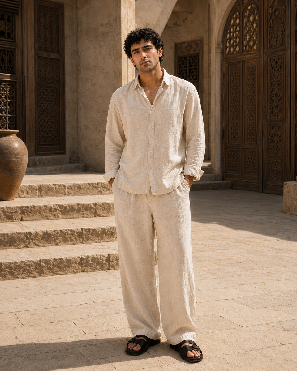 Man in ATHAR Linen Relaxed Fit Beige shirt in front of carved wooden doors, Cairo | رجل بقميص أثر الكتان الفضفاض البيج أمام باب خشبي منقوش بالقاهرة