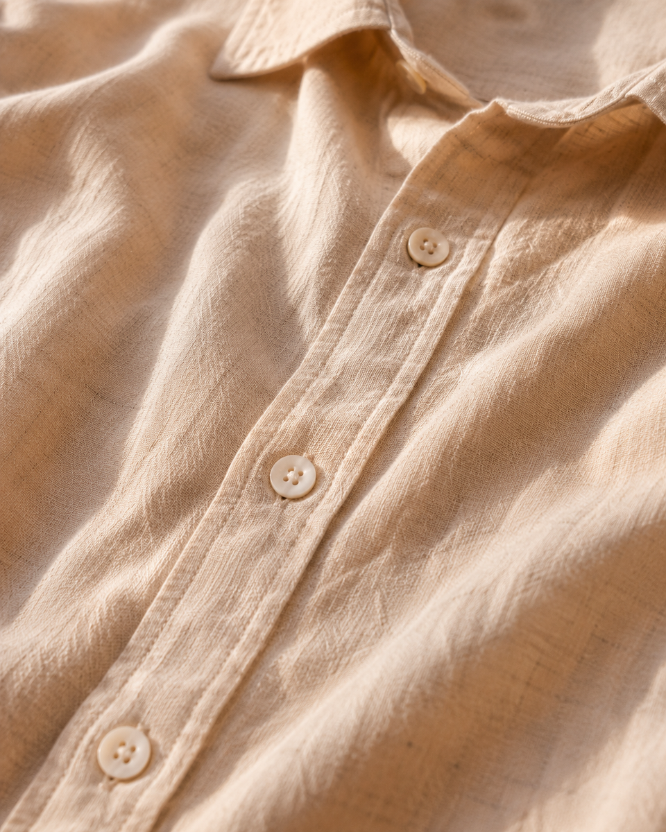 Close-up of ATHAR linen-cotton fabric texture | تفصيل قماش أثر الكتان والقطن