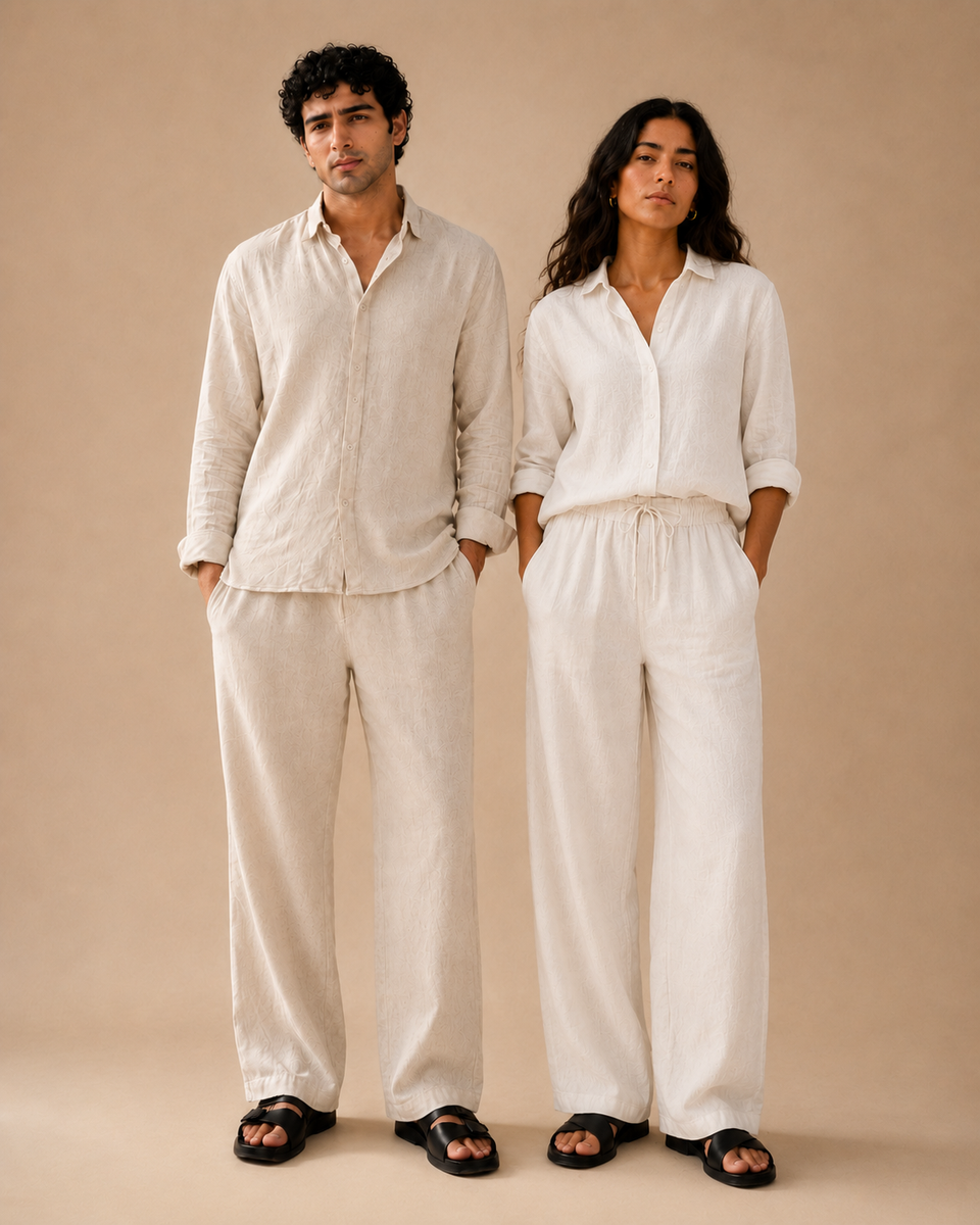 Man and woman in ATHAR Linen Relaxed Fit shirts and trousers, studio | رجل وامرأة يرتديان طقم أثر الكتان الفضفاض، تصوير استوديو