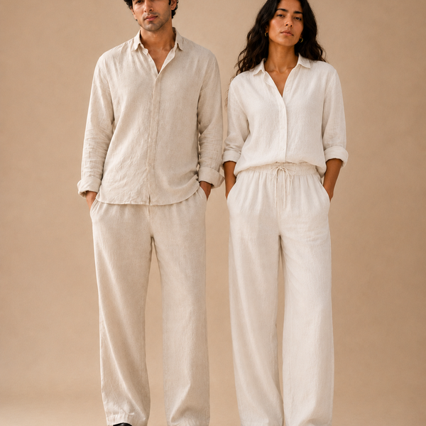 Man and woman in ATHAR Linen Relaxed Fit shirts and trousers, studio | رجل وامرأة يرتديان طقم أثر الكتان الفضفاض، تصوير استوديو