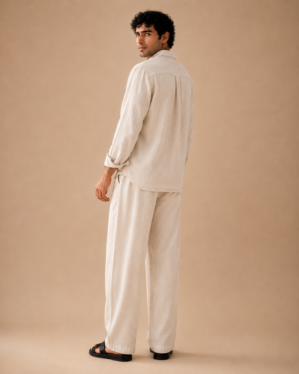 Back view of ATHAR Linen Relaxed Fit shirt in Beige | منظر خلفي لقميص أثر الكتان الفضفاض باللون البيج