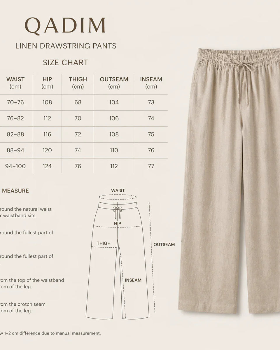 Linen drawstring pants with size chart and measurement guide on a light background