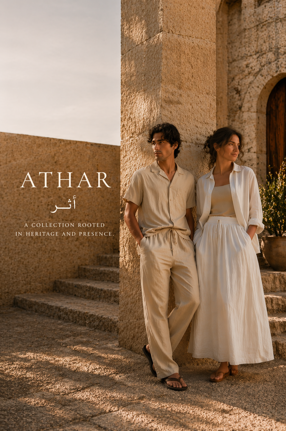  Two people standing together in front of a stone building with 'ATHAR' branding.
