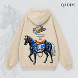 QADIM Safar relaxed hoodie in beige, Safar horse back print | هودي سفر ريلاكس بيج من ورا