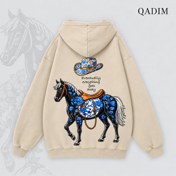 QADIM Safar relaxed hoodie in beige, Safar horse back print | هودي سفر ريلاكس بيج من ورا