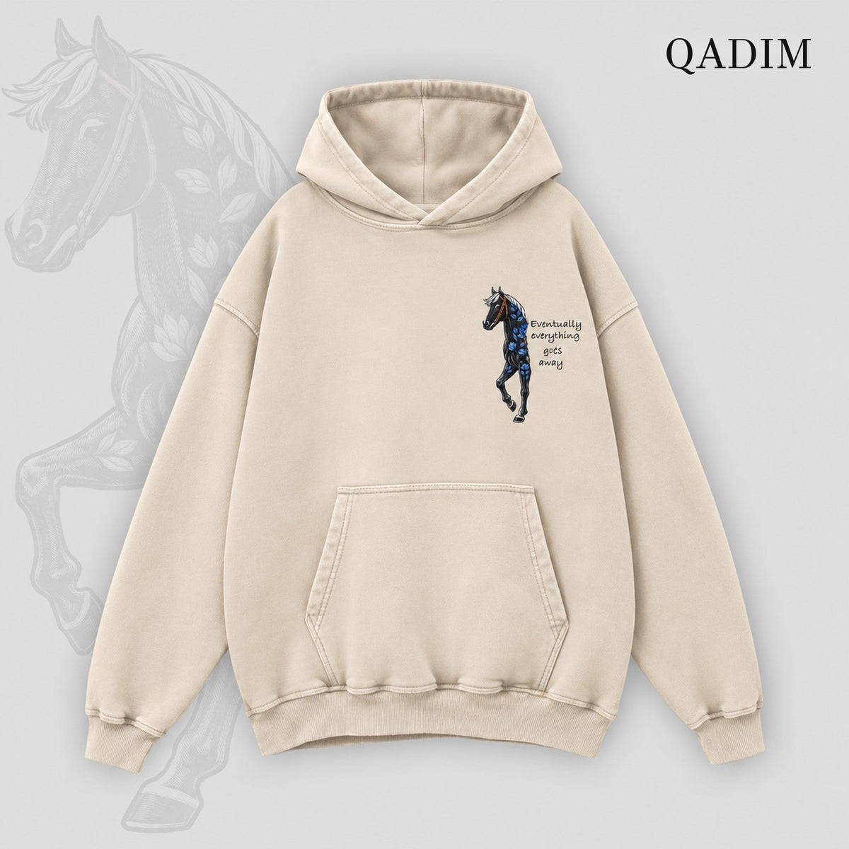 QADIM Safar relaxed hoodie in beige, small horse chest print | هودي سفر ريلاكس بيج من قدّام