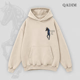 QADIM Safar relaxed hoodie in beige, small horse chest print | هودي سفر ريلاكس بيج من قدّام