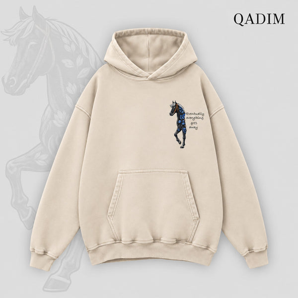 QADIM Safar relaxed hoodie in beige, small horse chest print | هودي سفر ريلاكس بيج من قدّام