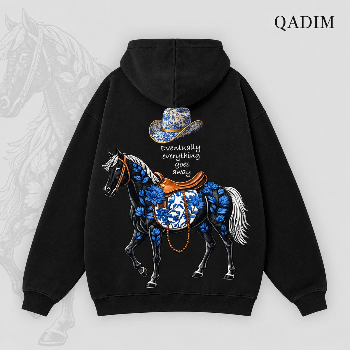 QADIM Safar relaxed hoodie in black, Safar horse back print | هودي سفر ريلاكس أسود من ورا