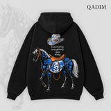 QADIM Safar relaxed hoodie in black, Safar horse back print | هودي سفر ريلاكس أسود من ورا