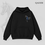 QADIM Safar relaxed hoodie in black, small horse chest print | هودي سفر ريلاكس أسود من قدّام