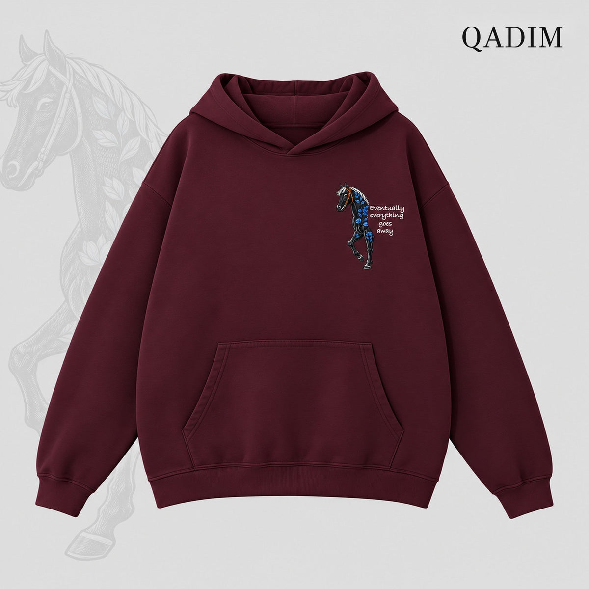 QADIM Safar relaxed hoodie in burgundy, small horse chest print | هودي سفر ريلاكس نبيتي من قدّام