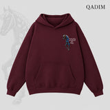 QADIM Safar relaxed hoodie in burgundy, small horse chest print | هودي سفر ريلاكس نبيتي من قدّام
