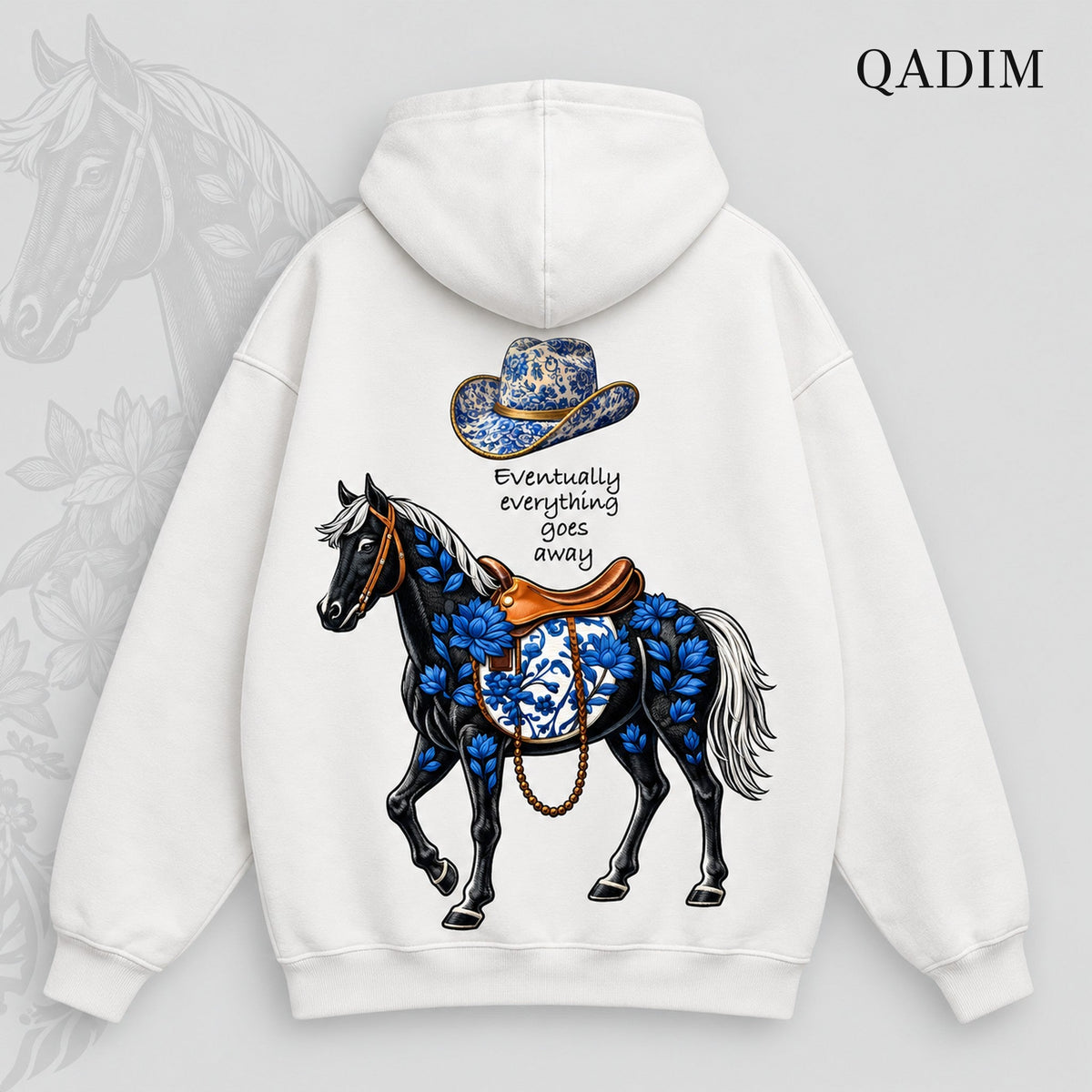 QADIM Safar relaxed hoodie in white, Safar horse back print | هودي سفر ريلاكس أبيض من ورا