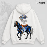 QADIM Safar relaxed hoodie in white, Safar horse back print | هودي سفر ريلاكس أبيض من ورا