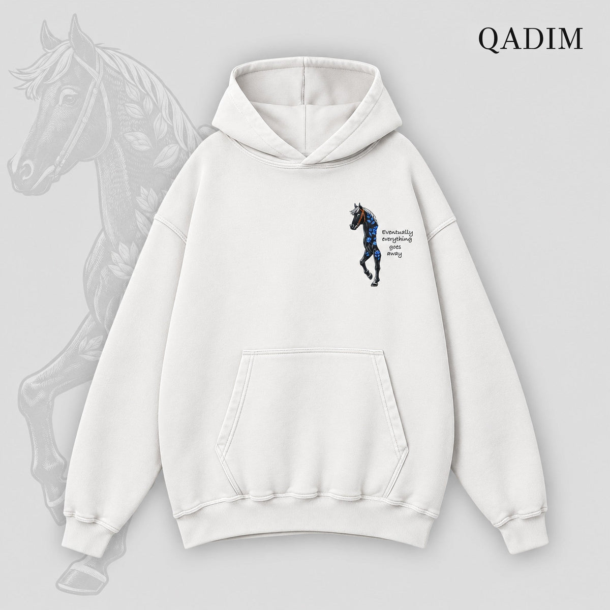 QADIM Safar relaxed hoodie in white, small horse chest print | هودي سفر ريلاكس أبيض من قدّام