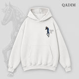 QADIM Safar relaxed hoodie in white, small horse chest print | هودي سفر ريلاكس أبيض من قدّام