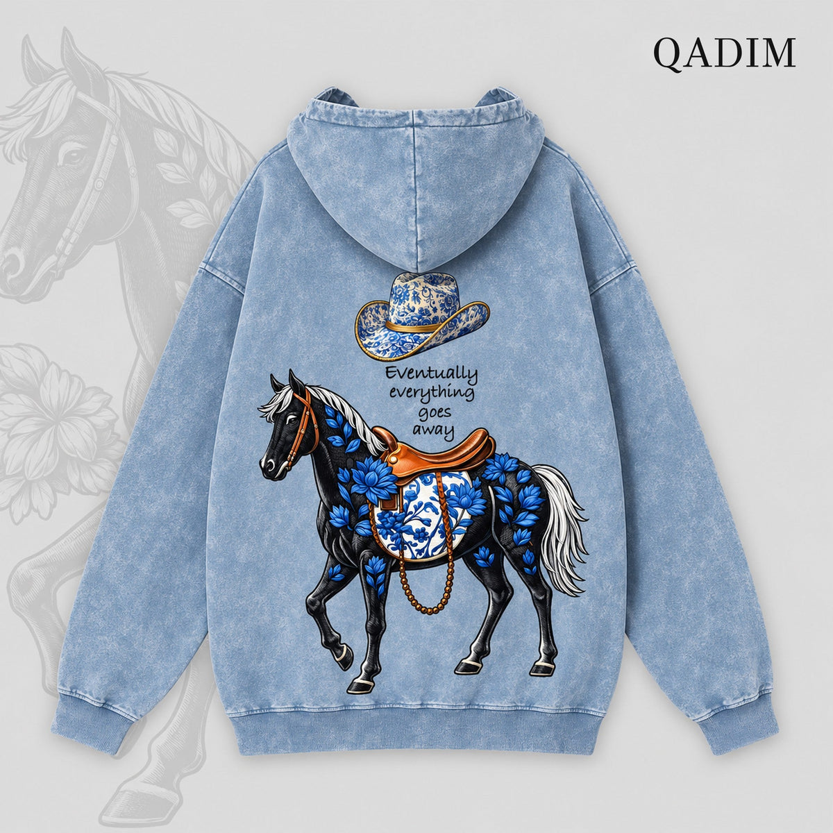 QADIM Safar washed hoodie in washed baby blue, Safar horse back print | هودي سفر مغسول بيبي بلو من ورا