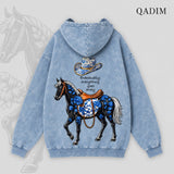 QADIM Safar washed hoodie in washed baby blue, Safar horse back print | هودي سفر مغسول بيبي بلو من ورا