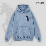 QADIM Safar washed hoodie in washed baby blue, small horse chest print | هودي سفر مغسول بيبي بلو من قدّام