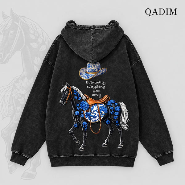 QADIM Safar washed hoodie in black, Safar horse back print | هودي سفر مغسول أسود من ورا