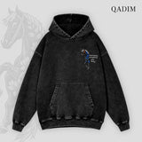 QADIM Safar washed hoodie in black, small horse chest print | هودي سفر مغسول أسود من قدّام