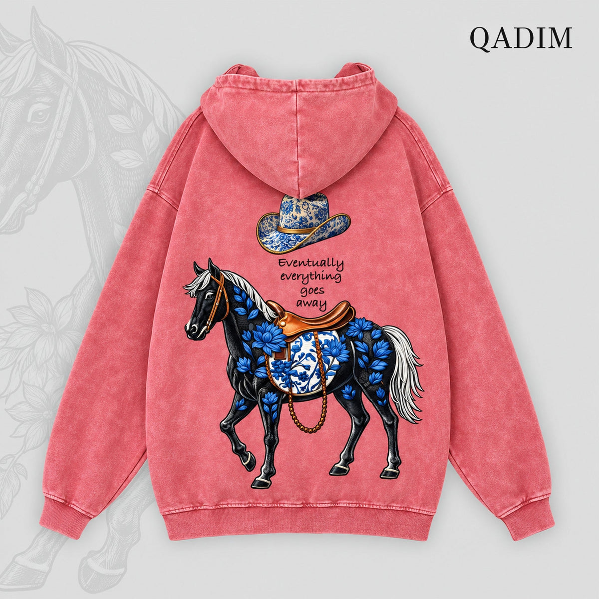 QADIM Safar washed hoodie in rose, Safar horse back print | هودي سفر مغسول روز من ورا