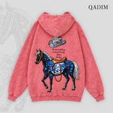 QADIM Safar washed hoodie in rose, Safar horse back print | هودي سفر مغسول روز من ورا