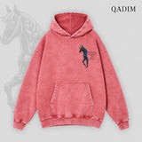 QADIM Safar washed hoodie in rose, small horse chest print | هودي سفر مغسول روز من قدّام
